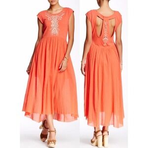 Free People Toosaloosa Slub Meadow Dress Midi Embroidered‎ Cut Out Coral S